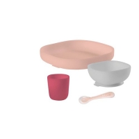 Komplet naczyń z silikonu z przyssawką - Pink | Beaba