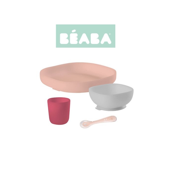 Komplet naczyń z silikonu z przyssawką - Pink | Beaba