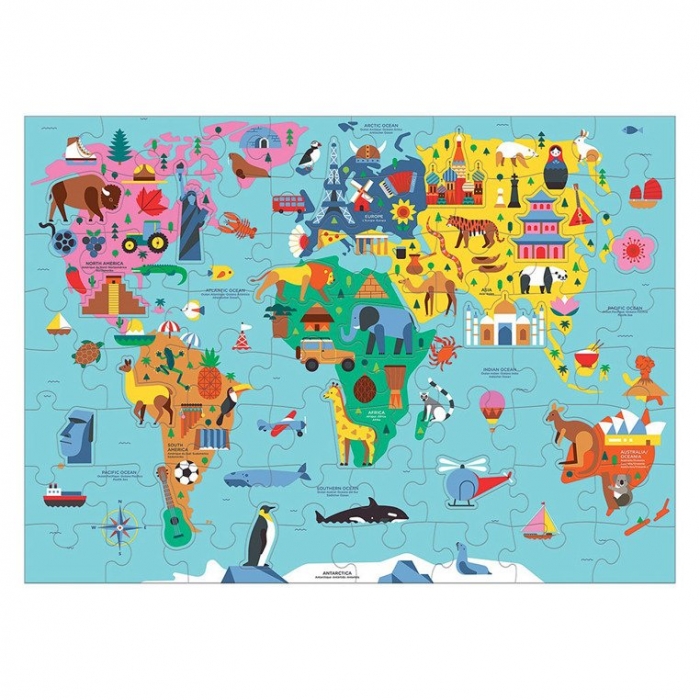 Puzzle Mapa Świata z elementami w kształcie budynków i zwierząt 5+ | Mudpuppy