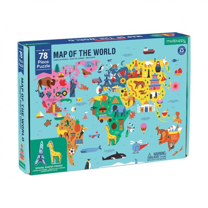 Puzzle Mapa Świata z elementami w kształcie budynków i zwierząt 5+ | Mudpuppy
