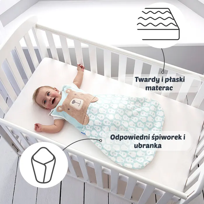 Płaski i twardy materac oraz odpowiedni śpiworek dla niemowlaka